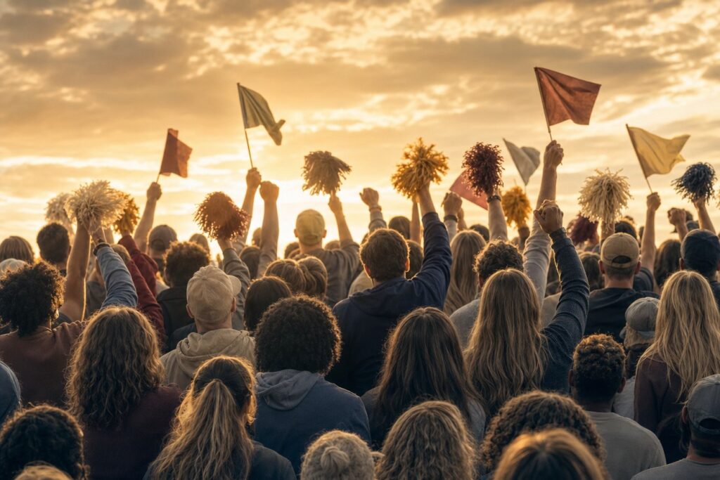 Stadium crowd cheering under a golden sky